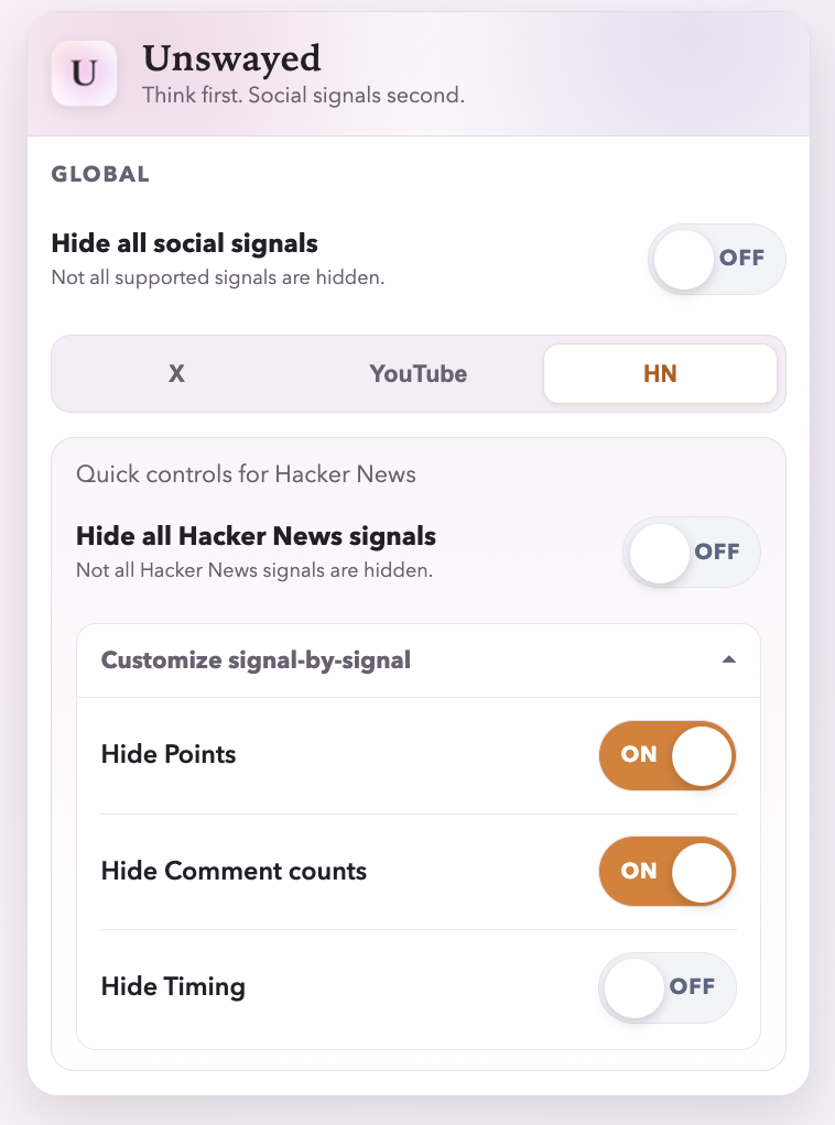 Unswayed side panel settings for Hacker News.